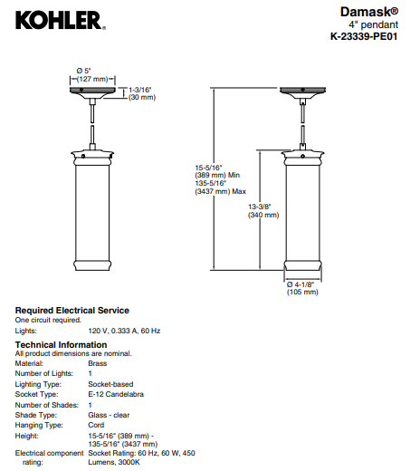 KOHLER Lighting - Damask 1-Light Pendant (23339-PE01-BZL) - 10" Cord - Oil Rubbed Bronze