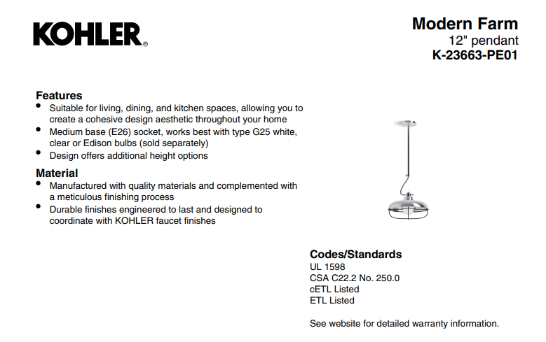 KOHLER Lighting - Modern Farm 12"W 1 Light Pendant (23663-PE01) - Gold