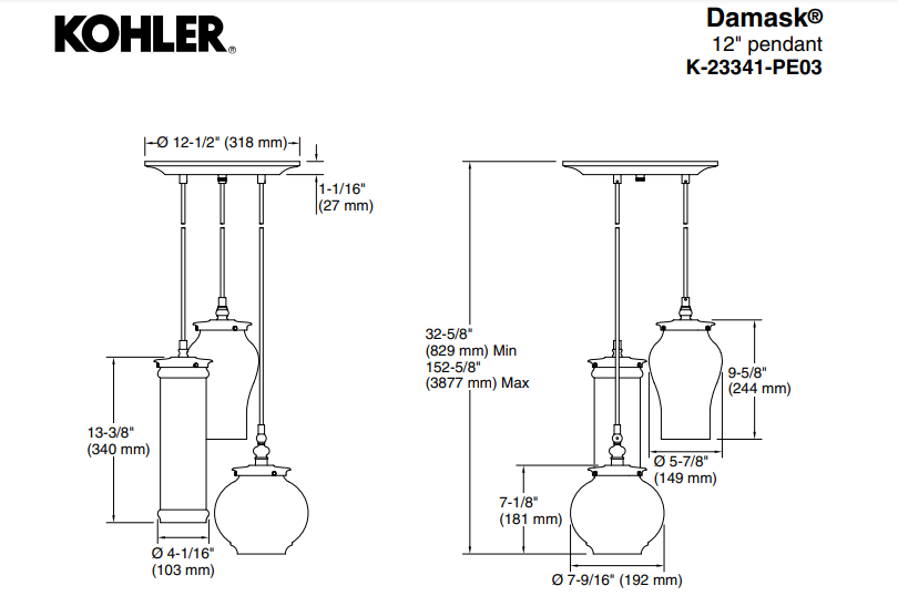 KOHLER Lighting - Damask 3 Light 12 Inch Pendant Cloud (23341-PE03-BGL) - Moderne Brushed Gold