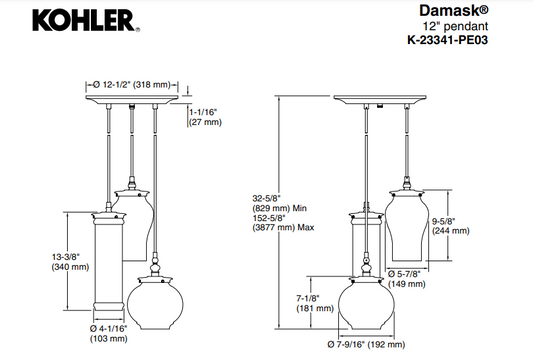 KOHLER Lighting - Damask 3 Light 12 Inch Pendant Cloud (23341-PE03-BGL) - Moderne Brushed Gold