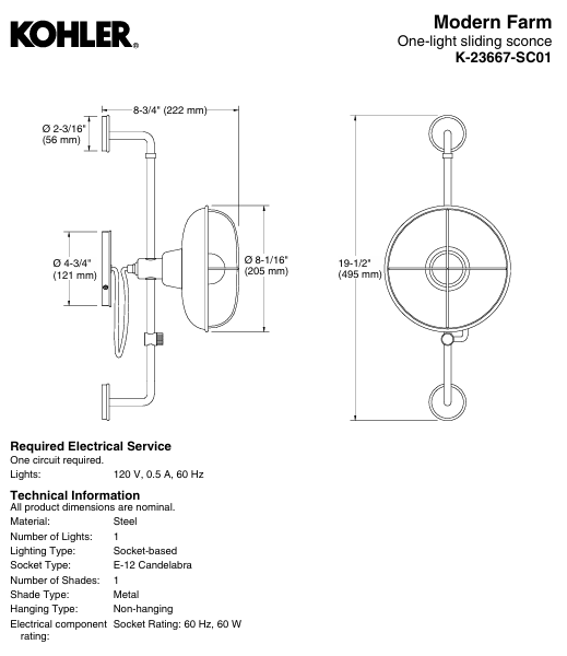 KOHLER Lighting - Modern Farm 1-Light Sliding Sconce Light (23667-SC01-CPL) - Polished Chrome