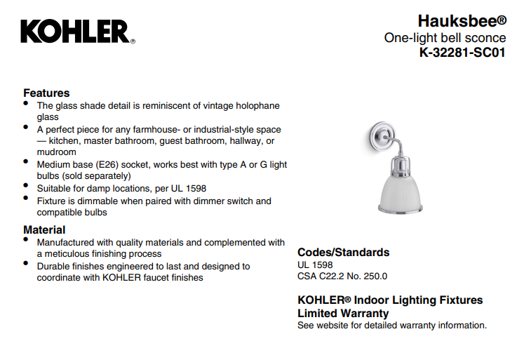 KOHLER Lighting - Hauksbee 14" Tall 1 Light Bell Wall (32281-SC01-BNL) - Nickel