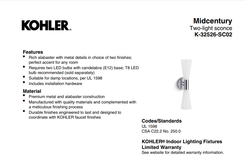 KOHLER Lighting - Midcentury 19" Two Light Sconce( K-32526-SC02-CPL) - Polished Chrome
