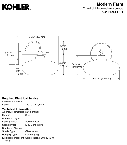 KOHLER Lighting - Modern Farm Lacemaker 8" Water Globe (23669-SC01-CPL) - Polished Chrome