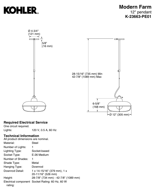 KOHLER Lighting - Modern Farm 12"W 1 Light Pendant (23663-PE01) - Gold