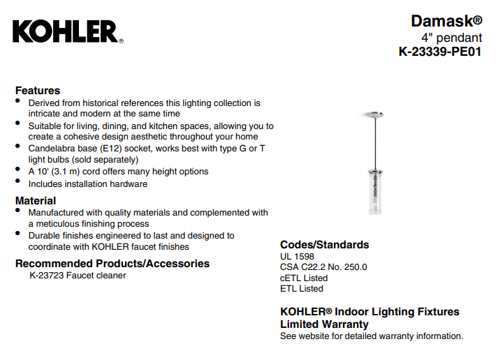 KOHLER Lighting - Damask 1-Light Pendant (23339-PE01-BZL)  - 10" Cord - Oil Rubbed Bronze