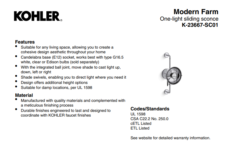 KOHLER Lighting - Modern Farm 1-Light Sliding Sconce Light (23667-SC01-CPL) - Polished Chrome