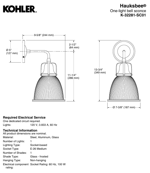 KOHLER Lighting - Hauksbee 14" Tall 1 Light Bell Wall (32281-SC01-BNL) - Nickel