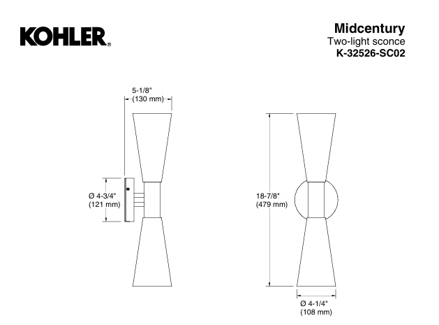 KOHLER Lighting - Midcentury 19" Two Light Sconce( K-32526-SC02-CPL) - Polished Chrome