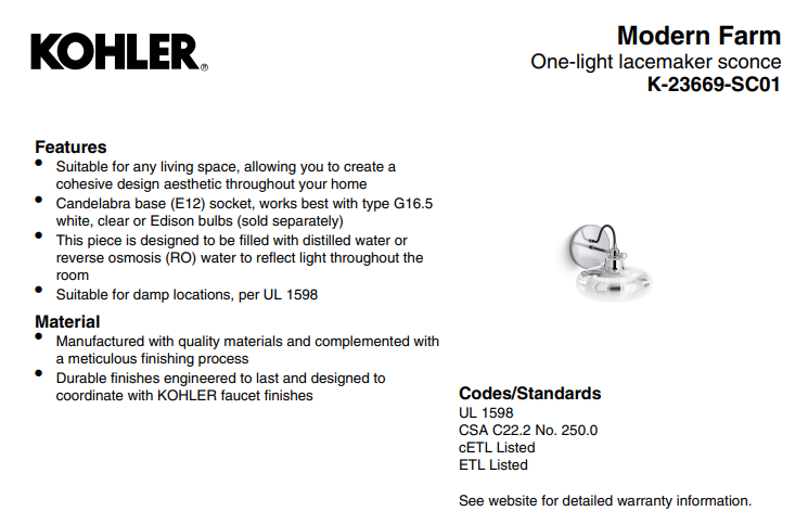 KOHLER Lighting - Modern Farm Lacemaker 8" Water Globe (23669-SC01-CPL) - Polished Chrome